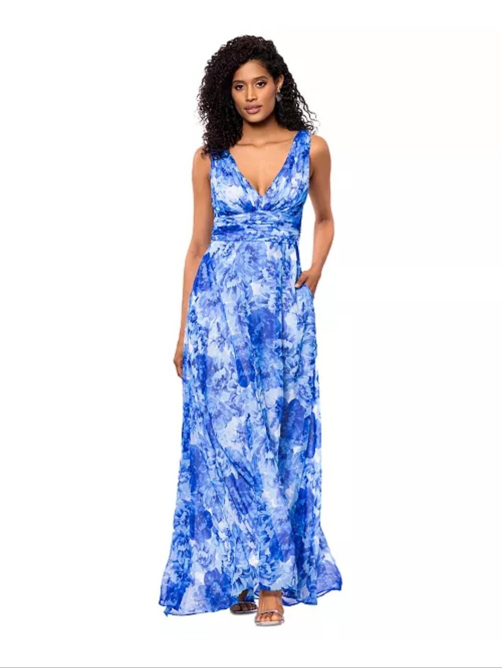 NWT Betsy & Adam Blue Floral Chiffon Maxi Gown Size 8 Sleeveless Formal Dress